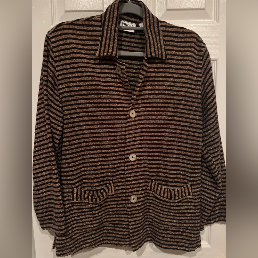 Chicos Design Sz S/M Jacket Blazer Nubby woven fabric stripes of brown & black
